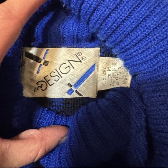 Vintage 80s Abstract Floral Turtleneck Black & Royal Blue Made in USA medium - Picture 5 of 5